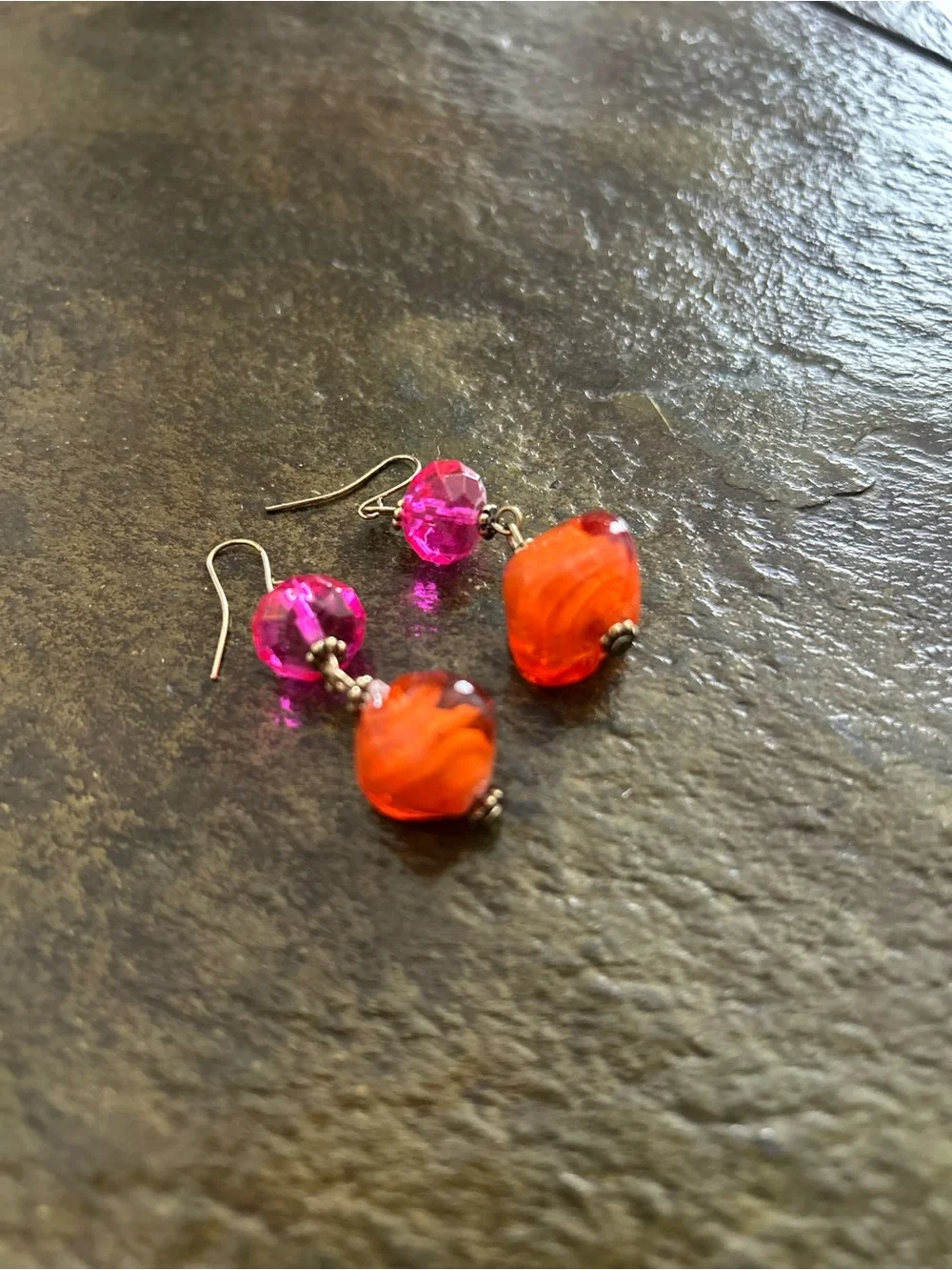 Vibrant Orange & Pink Glass Bead Drop Earrings